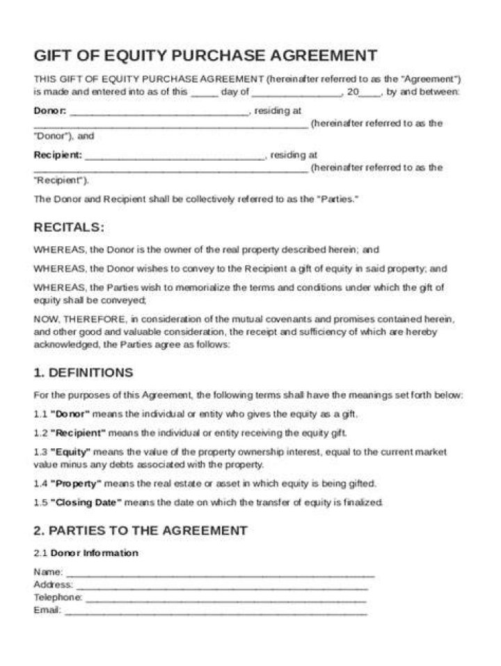 How do you write a gift of equity in a purchase agreement?