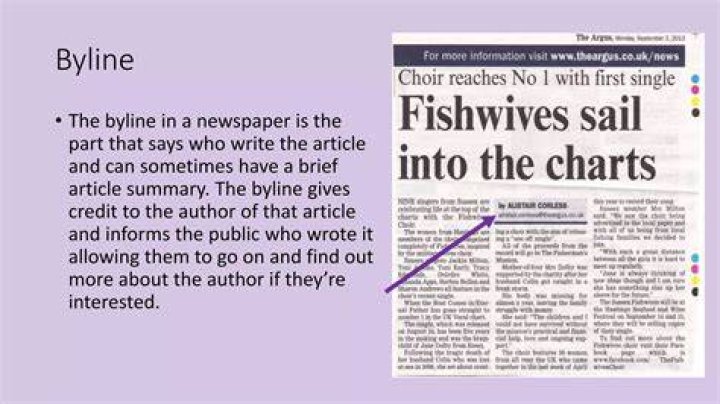 Where is the by line in a newspaper article?